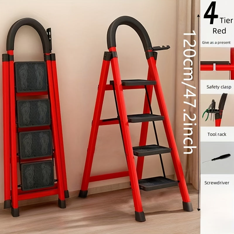 Folding Step Stool with 2-6 Tiers Non-Slip Pedals Waterproof Steel Red Home Kitchen Office