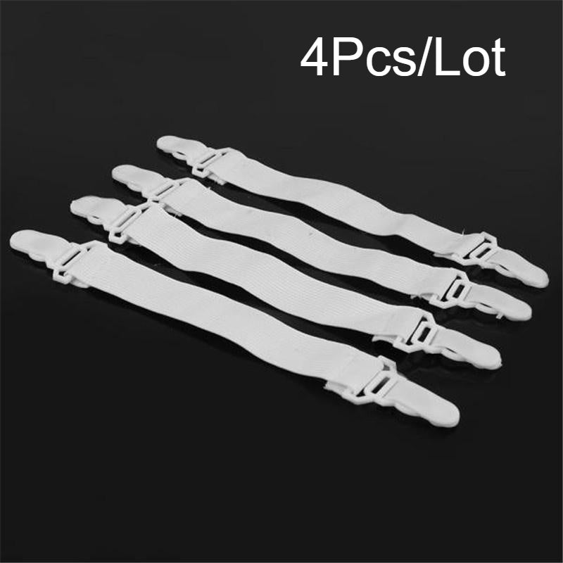 Set of 4 White Elastic Bed Sheet Grippers Clip-On Mattress Fasteners Nylon Straps