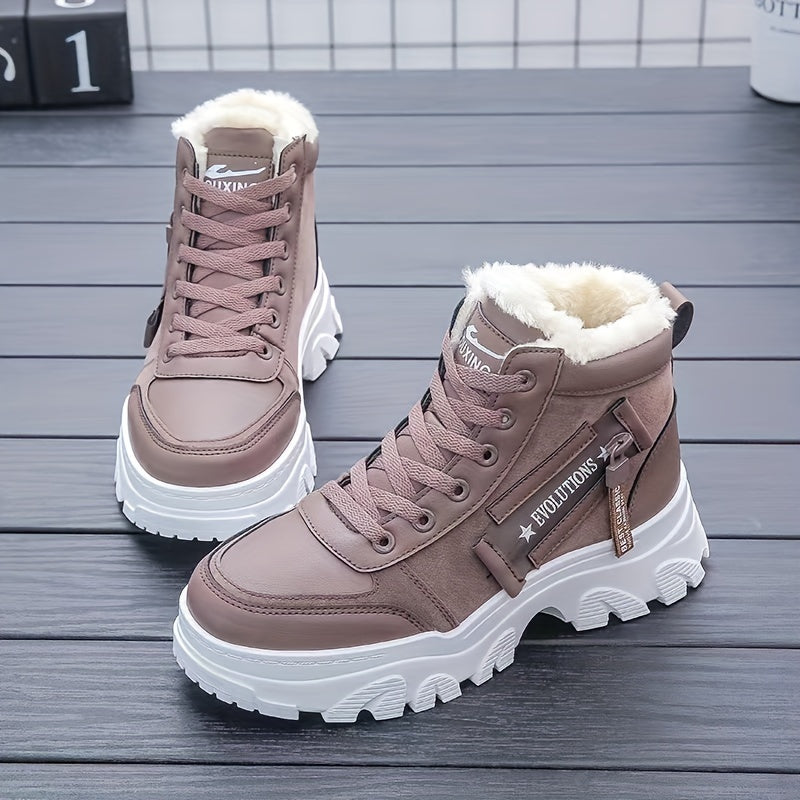 Women's Fluffy Solid Color Lace-Up Winter Snow Boots
