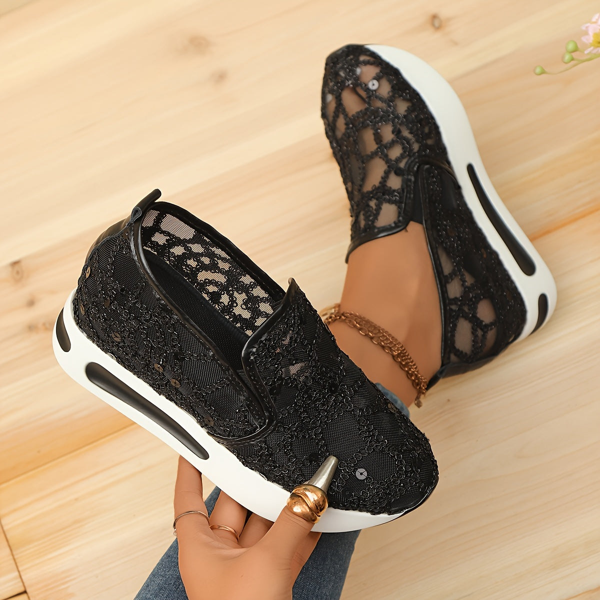 Women's Black Mesh Slip-On Sneakers with Cushioned Sole and Side Zipper
