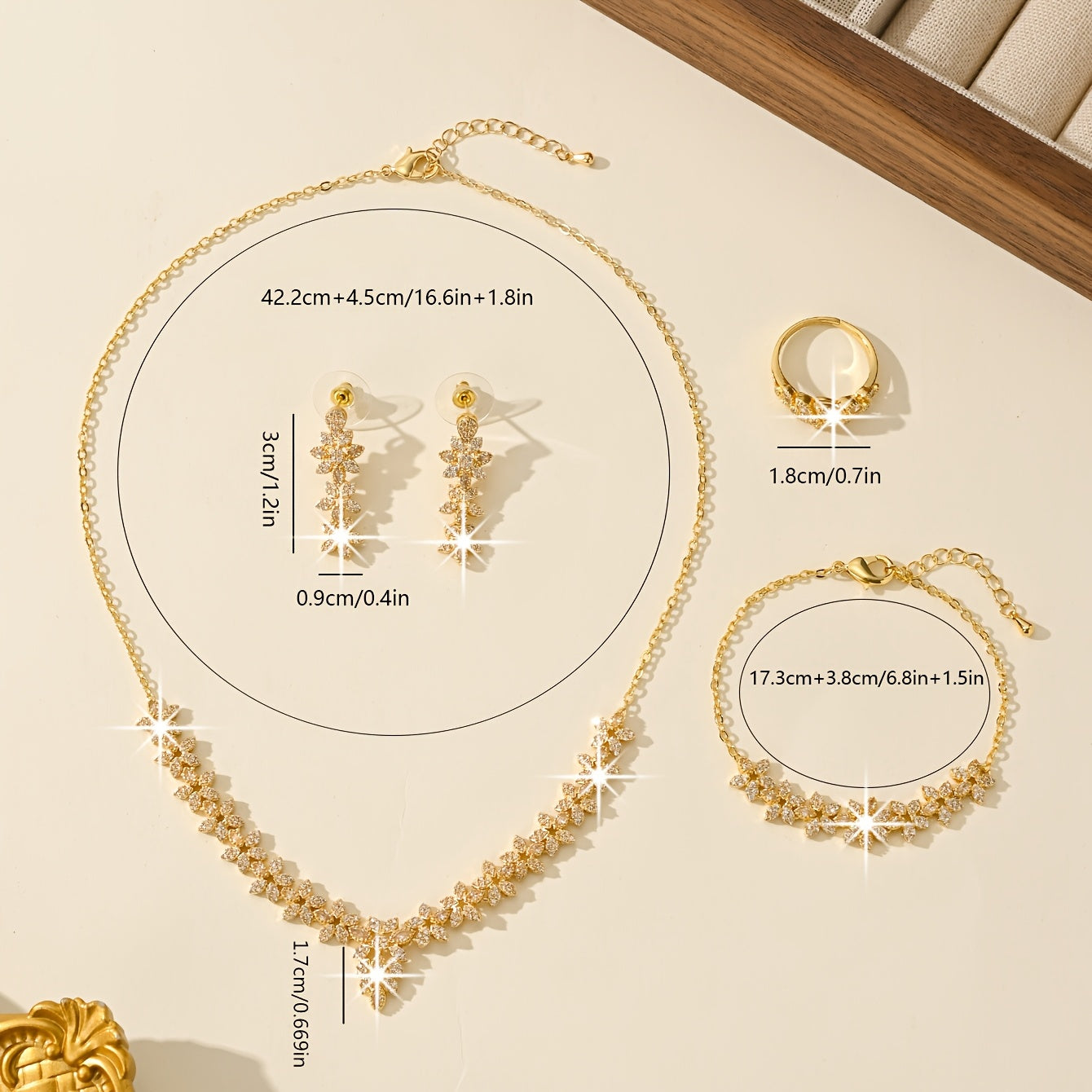 Luxurious Bridal Jewelry Set featuring Star and Flower Designs, 18K Gold Plated, made with Synthetic Zirconia and Copper, perfect for both daily wear and wedding occasions. (5 pieces included)
