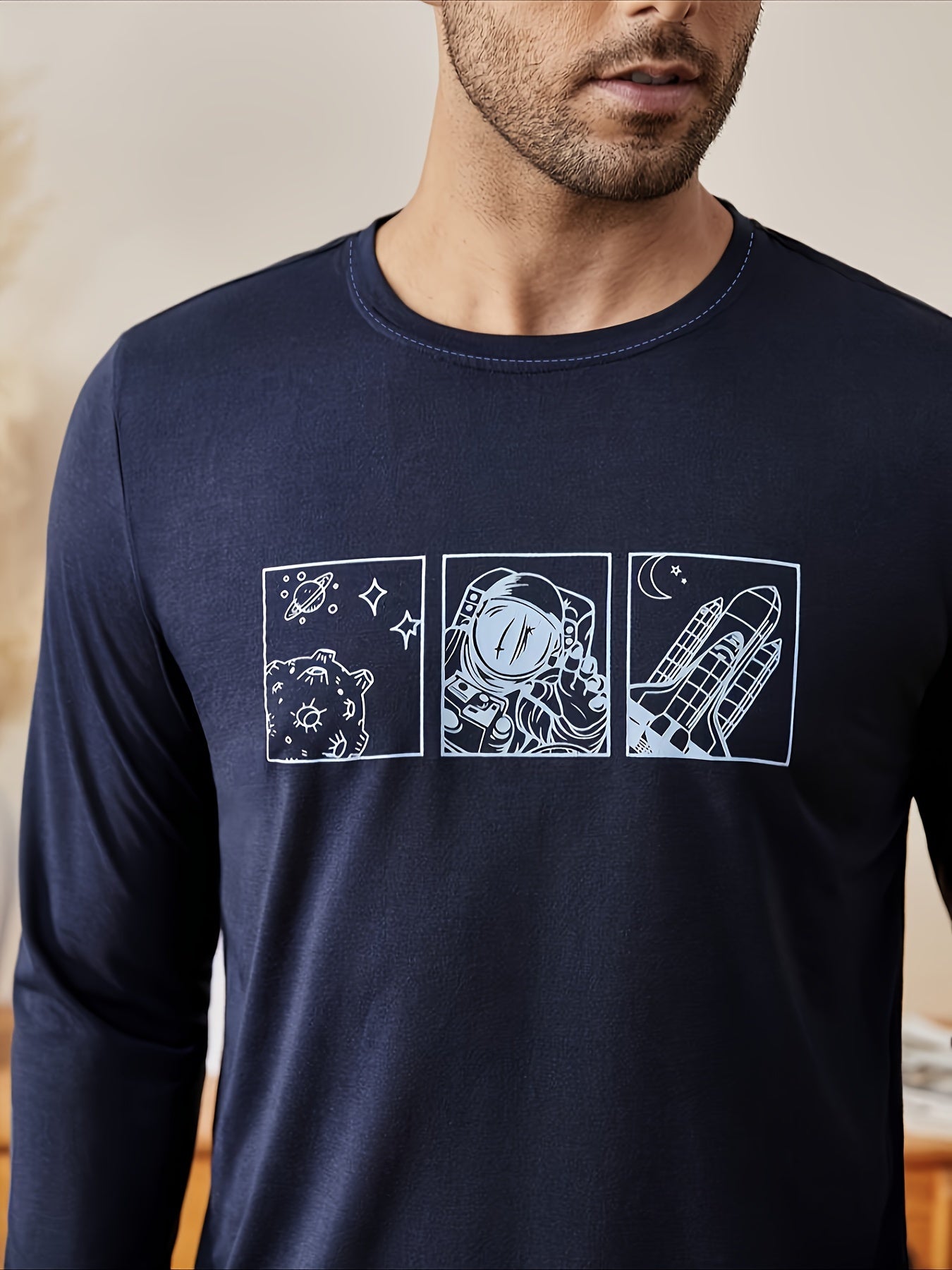 Conjunto de pijama de galaxia para hombre, de punto de poliéster con elastano, de manga larga, para otoño e invierno