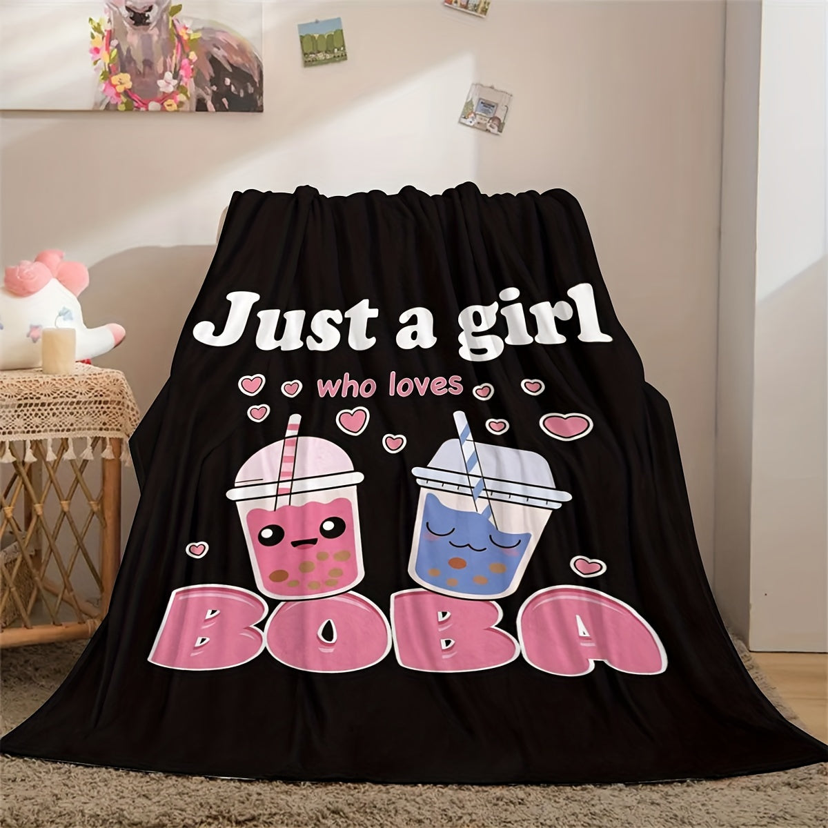 Anime Boba Milk Tea Fleece Blanket for Girls Soft Plush Flannel Bed Chair Throw