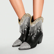 Women's Western Ankle Boots Rhinestones Chain Pointed Toe Block Heel