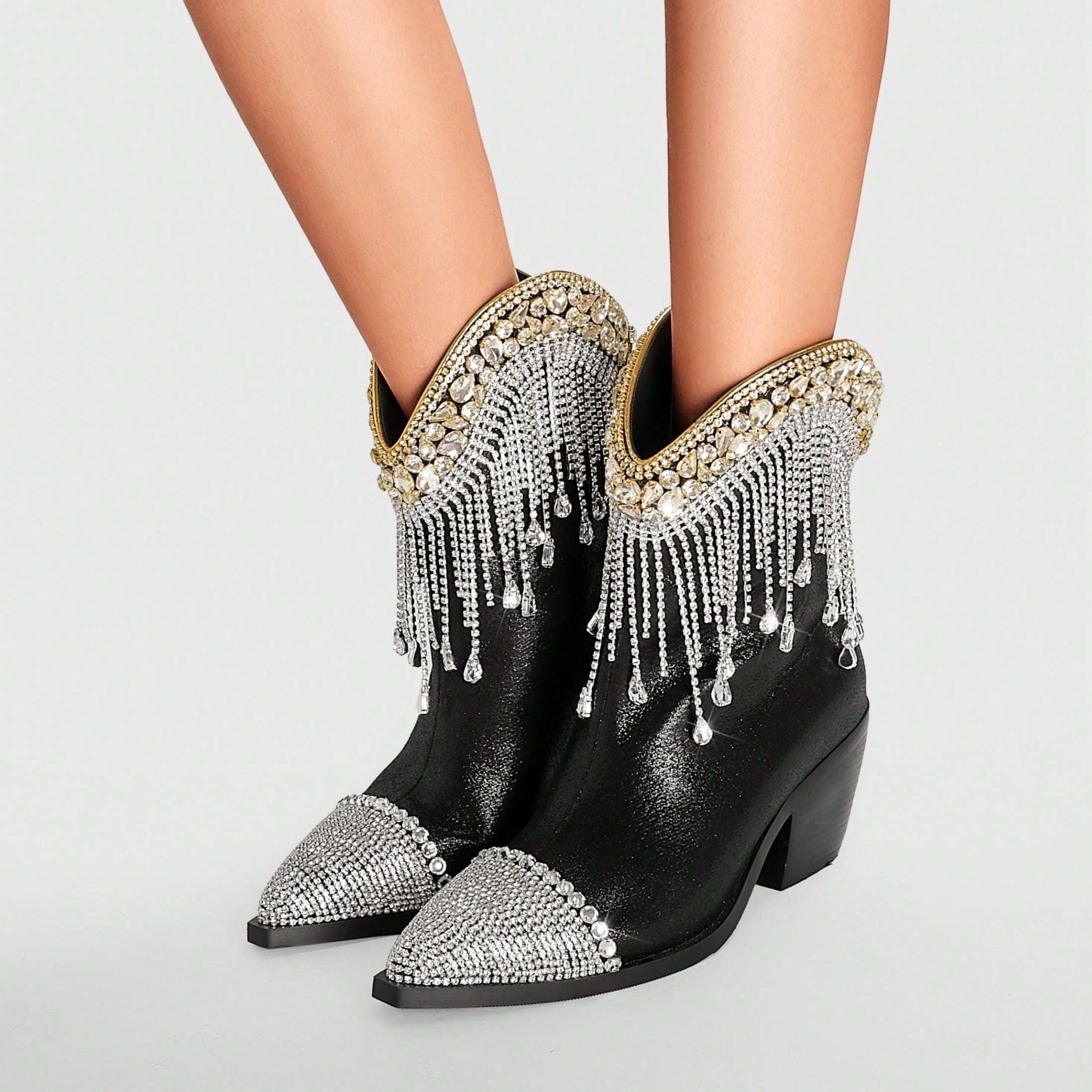 Women's Western Ankle Boots Rhinestones Chain Pointed Toe Block Heel