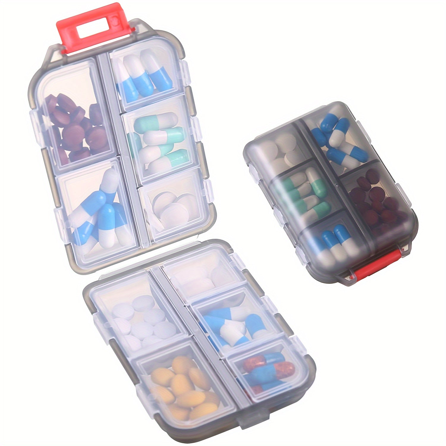 Organizador de pastillas de doble capa con 10 compartimentos y tapas individuales para viajes