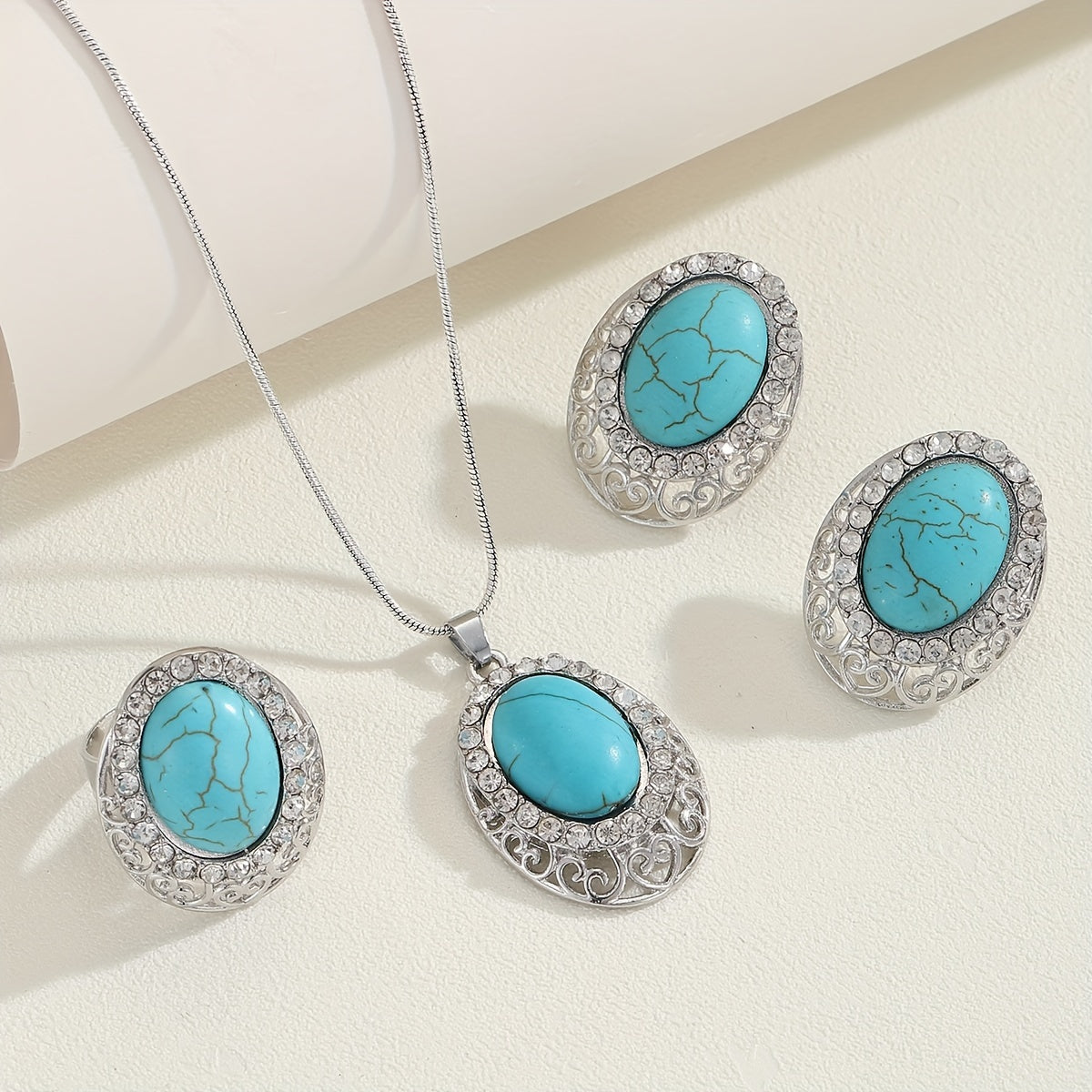 Turquoise Bohemian Style Jewelry Set for Women with Ring Earrings Necklace
