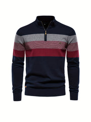 Men's Cotton Knit Color Block Half Zip V-Neck Sweater for Fall Winter
