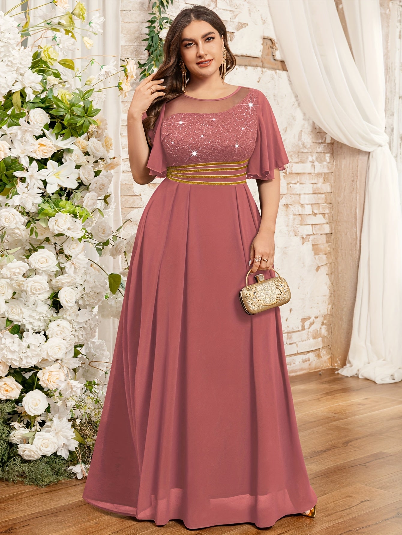 Plus Size Women's Mauve Lace Beaded Formal Floor-Length Dress for Weddings