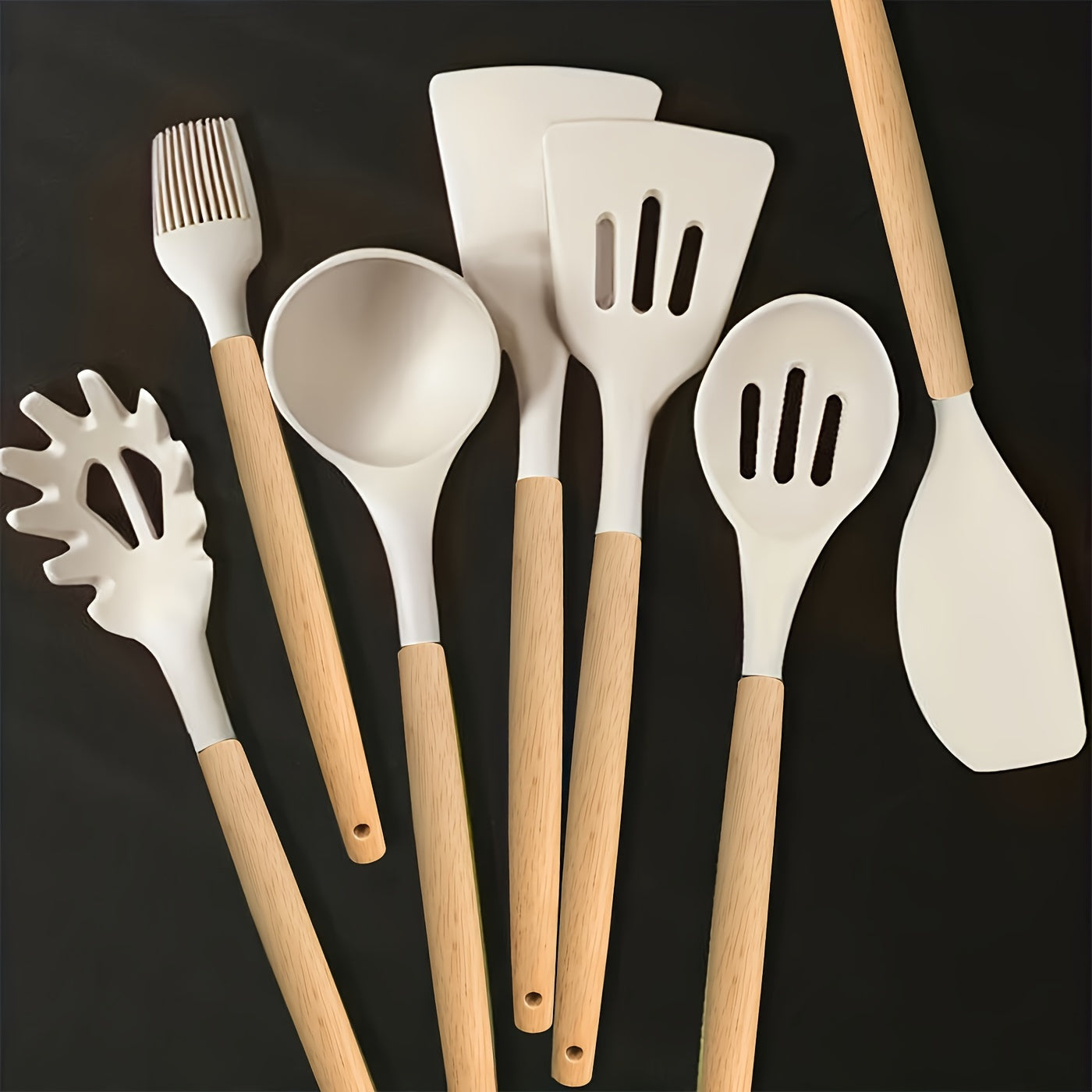 Set of 7 Silicone Kitchen Utensils with Wooden Handles Non-Stick Heat Resistant Cooking Tools