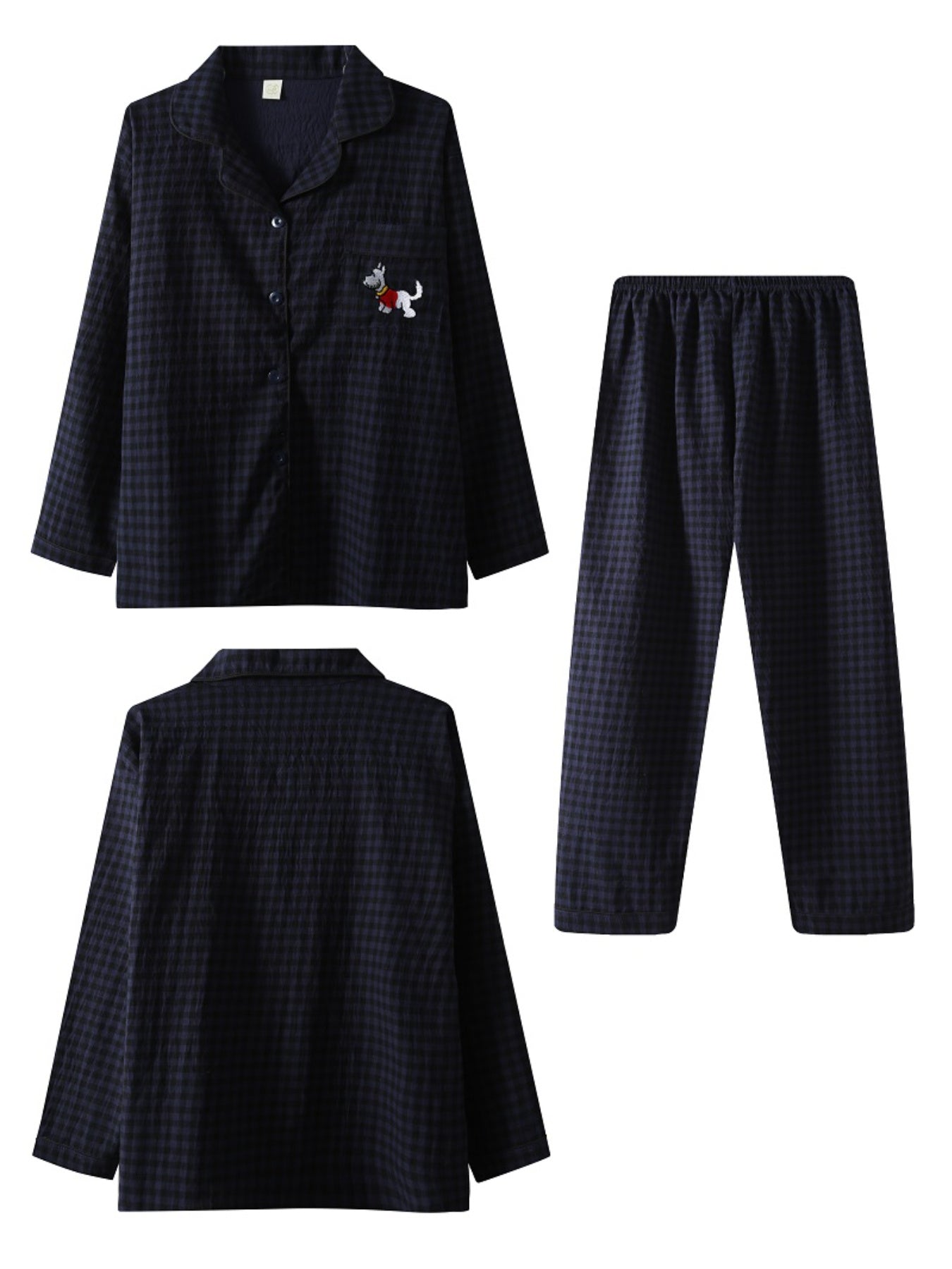 Women's Embroidered Puppy Plaid Pajama Set Plus Size Long Sleeve Casual Sleepwear