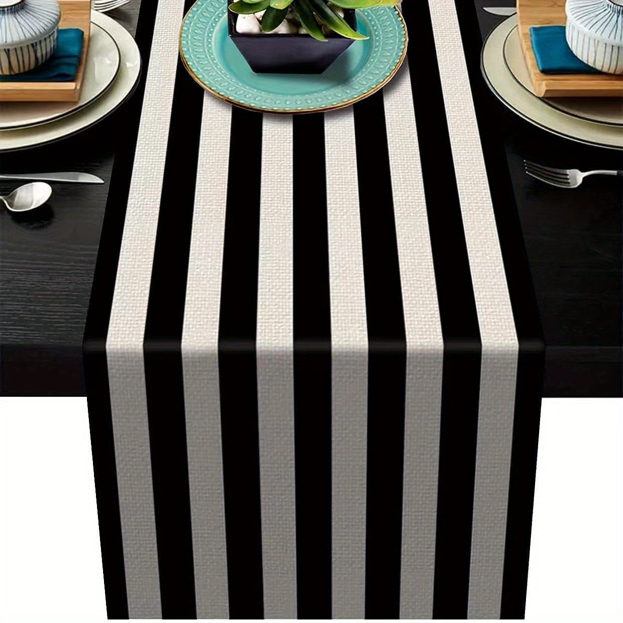 Geometric Stripe Linen Table Runner Black and White for Home Decor and Dining