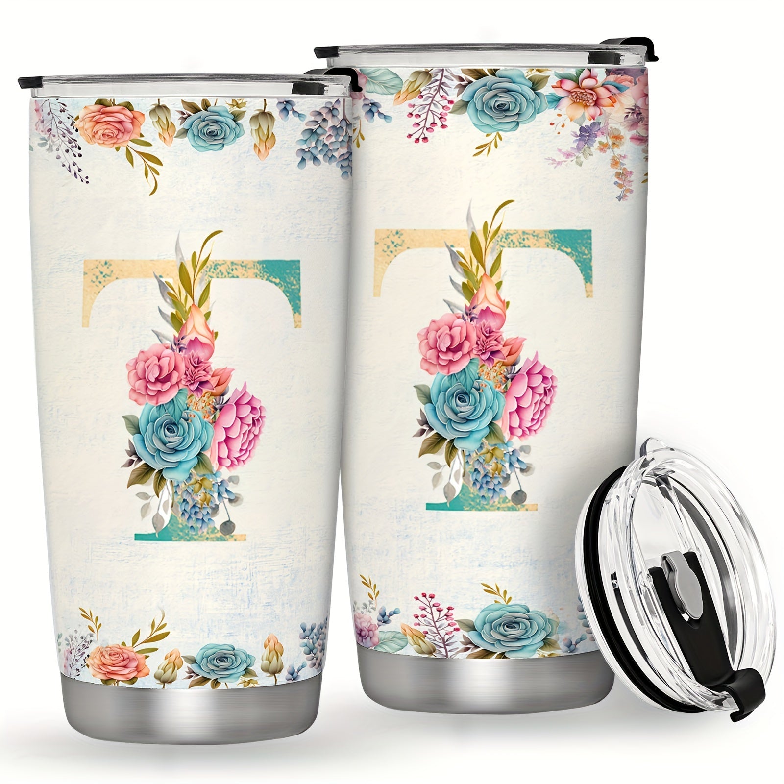 20oz Stainless Steel Tumbler with Monogram Floral Design Leak Proof Lid for Outdoor Use
