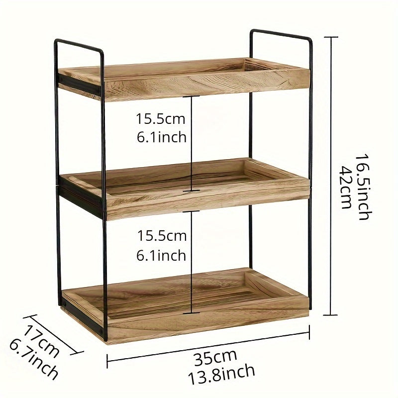 2/3-Tier Solid Wood and Metal Display Rack for Kitchen Bathroom Countertop Organizer