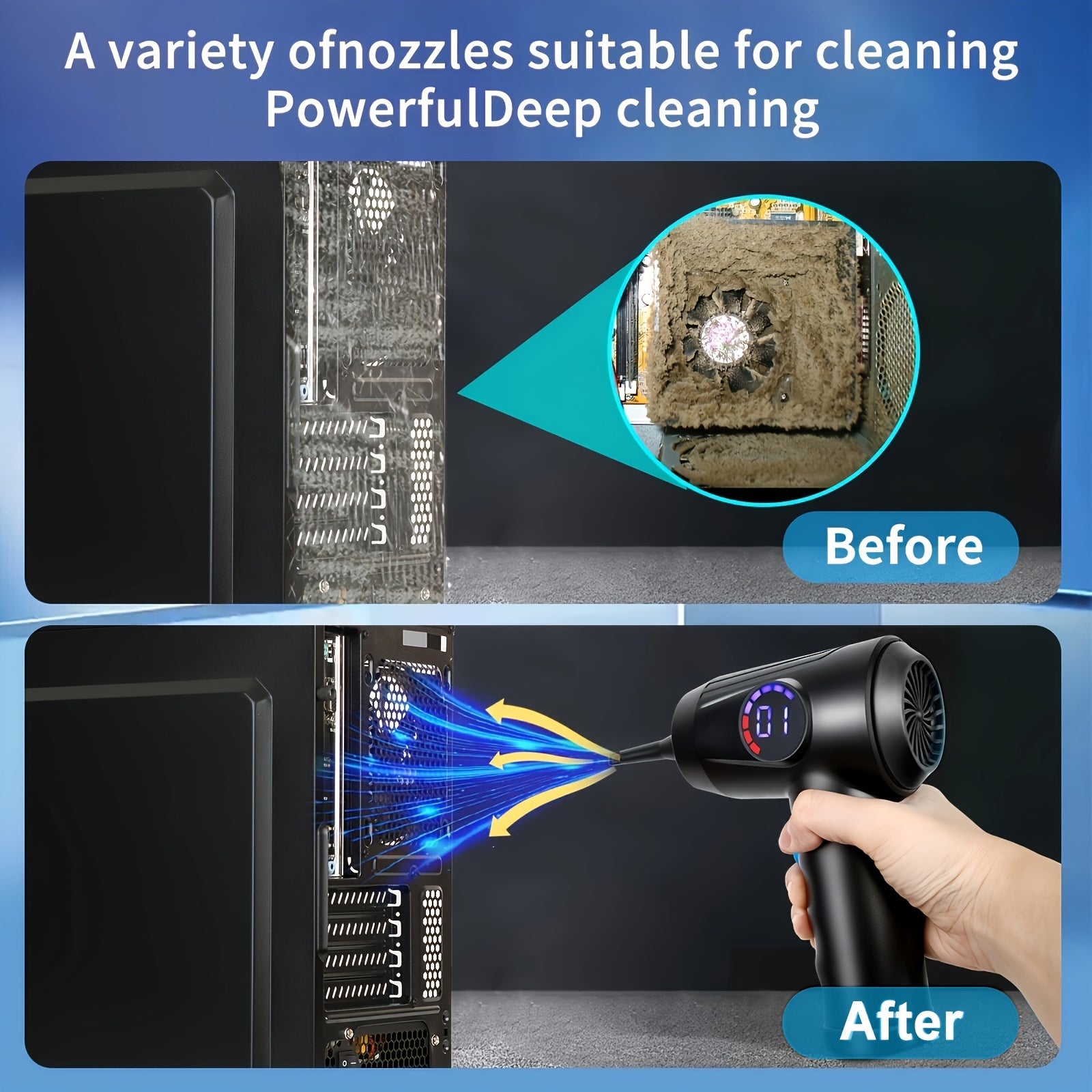 Cordless Electric Air Duster 4 Speeds Rechargeable 6000mAh Fast Charge LCD Display LED Light
