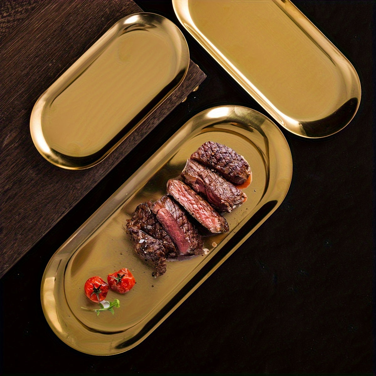 Oval Gold Serving Tray Stainless Steel for Fruits Desserts Snacks and Salads