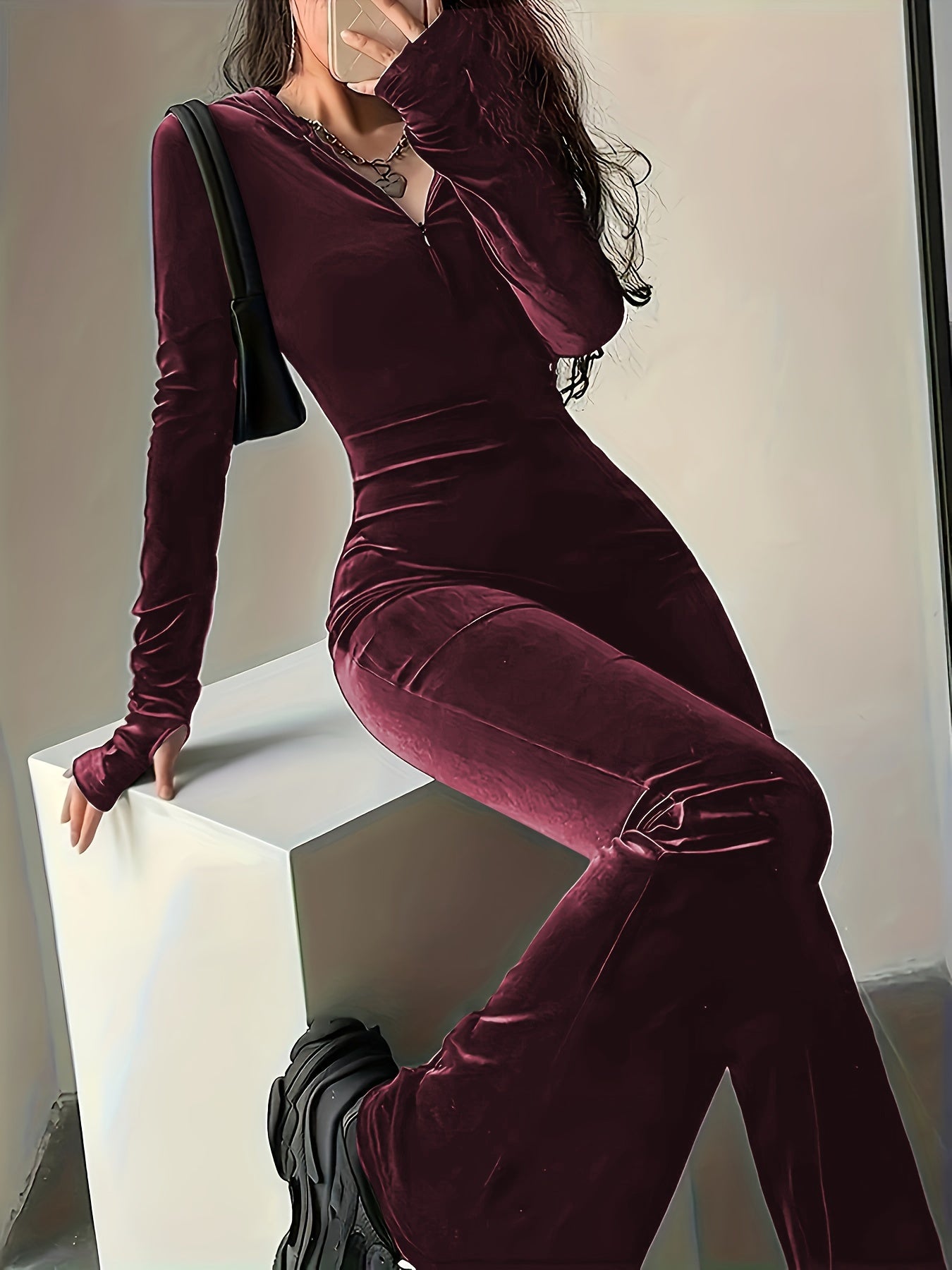 Women's Zipper Front Jumpsuit Hooded Long Sleeve Casual Fall Spring Knit Polyester Solid