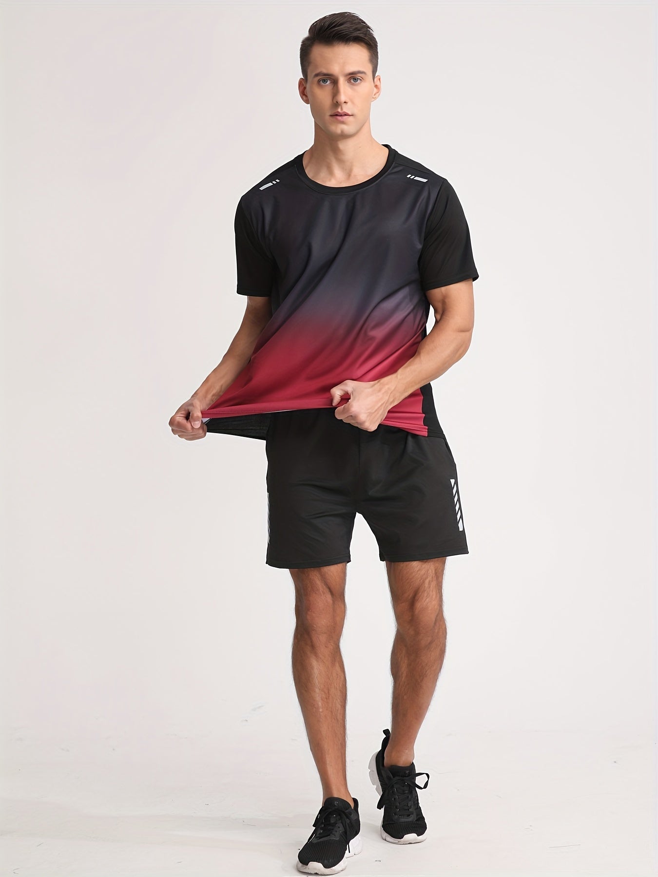 Men's Gradient Color Short Sleeve T-Shirt in Black to Blue Polyester Casual Summer