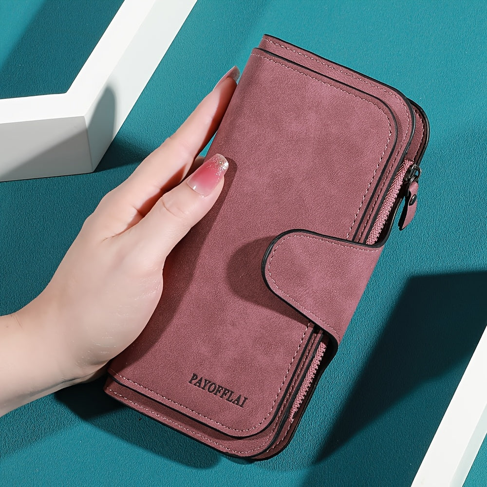 Yangi vintage uslubidagi ayollar uchun uzun hamyon, sun'iy charmdan tayyorlangan, tugmachali yopiq, zip cho'ntak, naylon astar, ko'p kartochka joylari va chet bo'yash tafsiloti bilan.