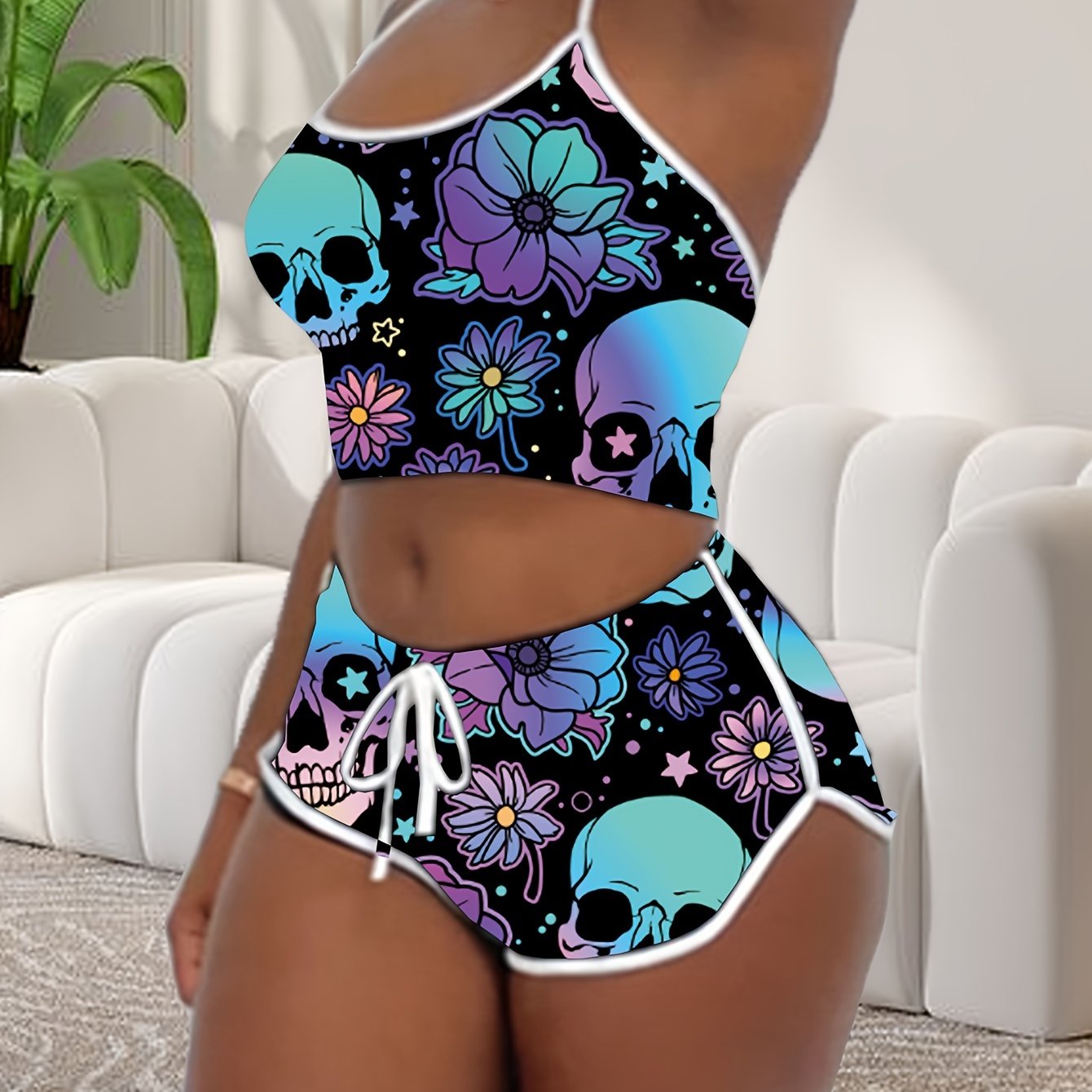 Conjunto de ropa de descanso de verano para mujer con top corto de cuello halter y pantalones cortos elásticos