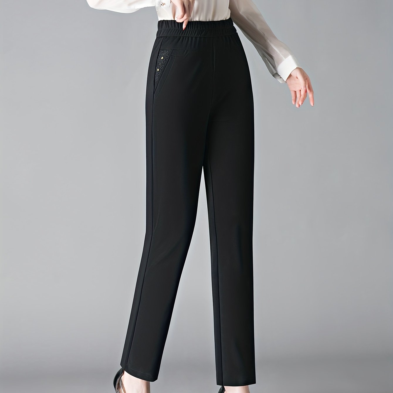 Plus Size Women's High-Waisted Stretch Pants Straight-Leg Dark Brown Black All-Season Formal Casual