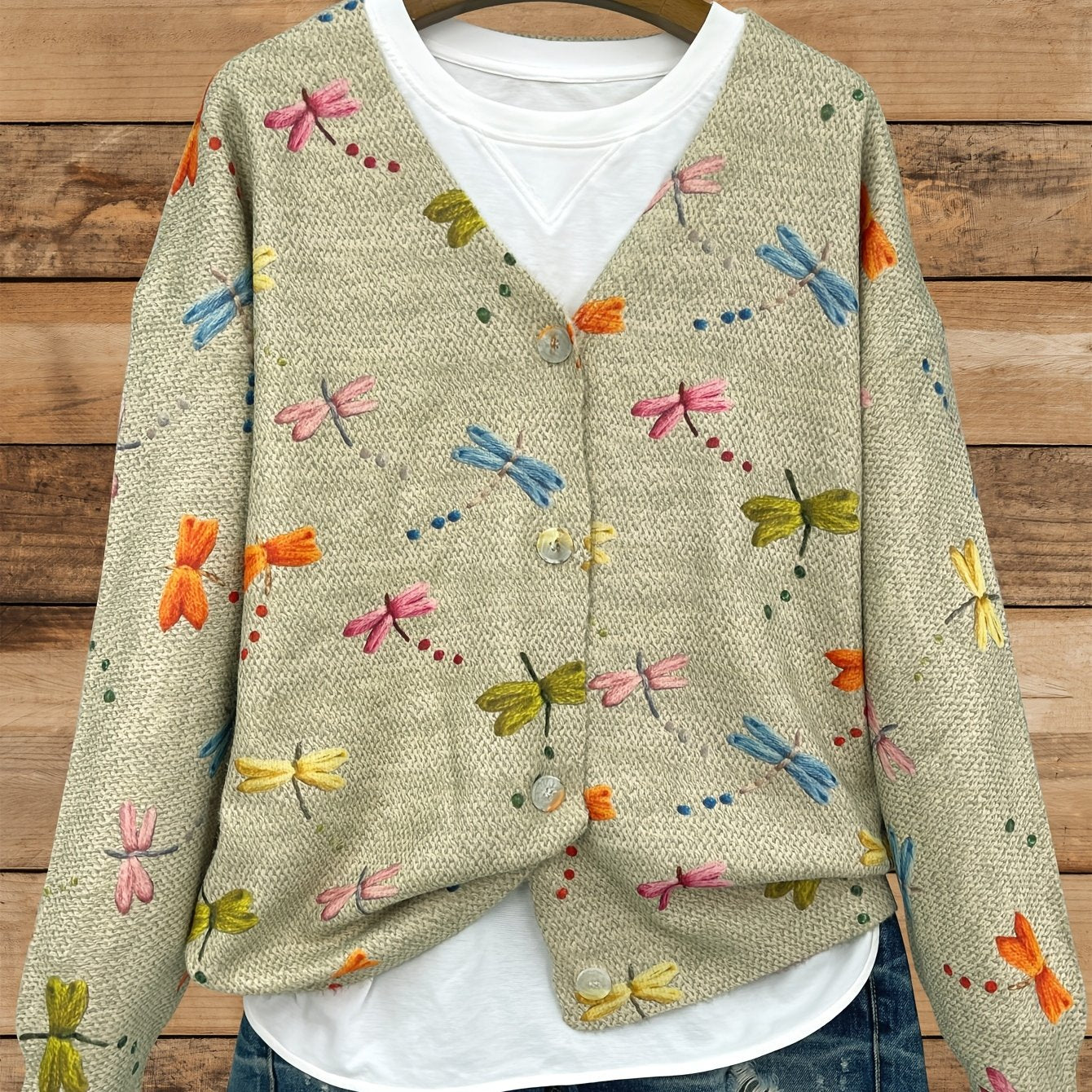 Plus Size Women's Printed Knitted Cardigan V-Neck Long Sleeve Colorful Dragonfly