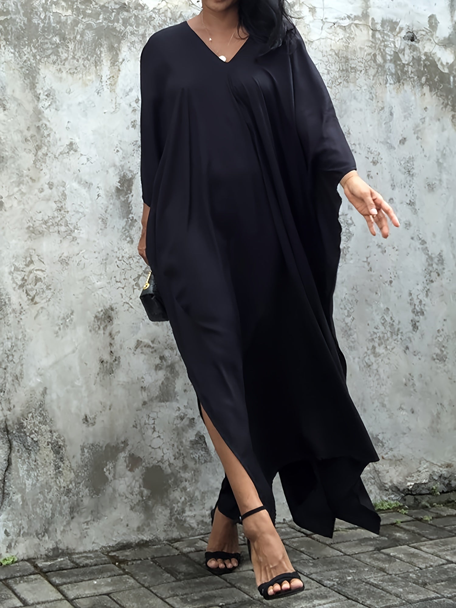 Ayollar uchun Batwing yengli, keng kesimli, zamonaviy plussayz kaftan ko'ylagi, erkin fit maxi robe | Rayon aralashmasi, cho'zilmaydigan mato | Bahor/Yoz/Kuz uchun ideal