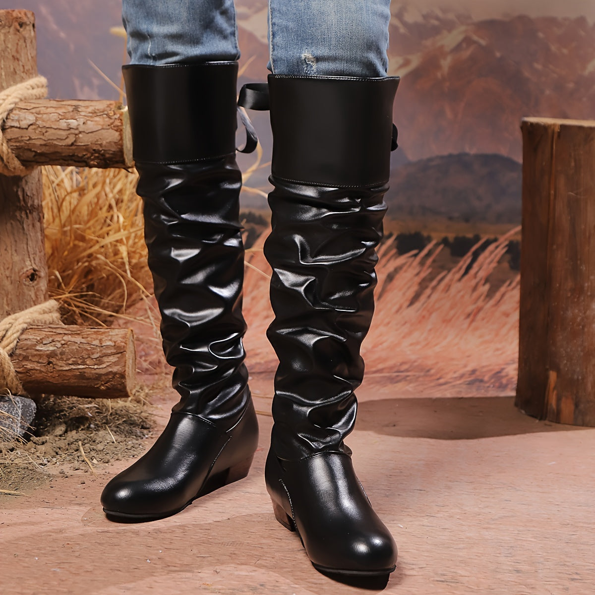 Women's Solid Color Knee-High Boots Casual Back Tie Round Toe Low Block Heel