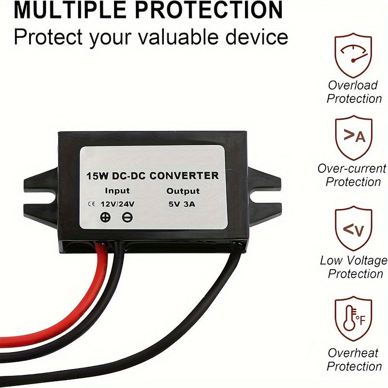 Adaptador de corriente USB Type-C de 12V/24V a 5V para Raspberry Pi, teléfonos móviles y coches