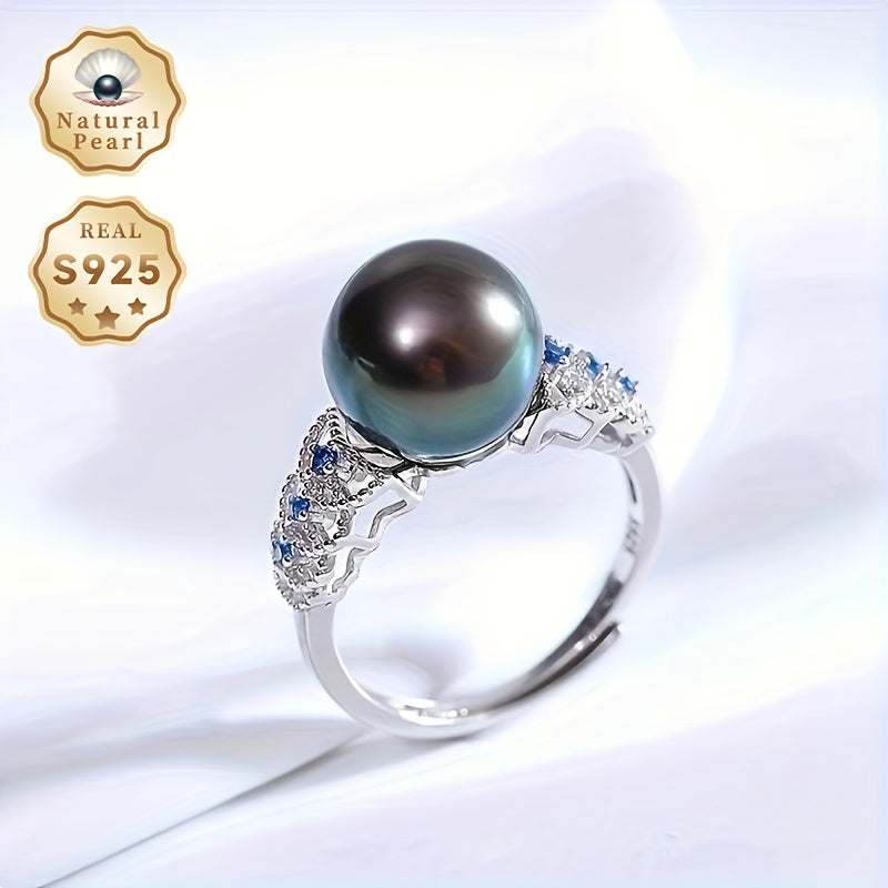 Vintage Sterling Silver Cuff Ring Tahitian Black Saltwater Pearl va Zirconia bilan