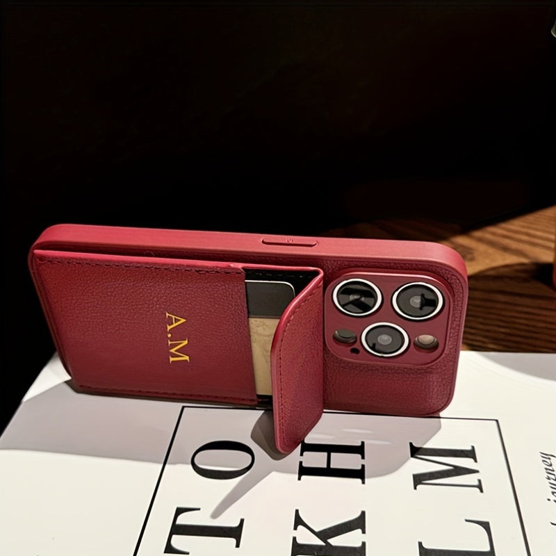 Golden Letter Faux Leather Phone Case for iPhone with Card Slot Shockproof Back Cover