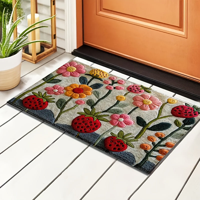 3D Floral Pattern Strawberry Bath Mat Ultra Soft Faux Velvet Absorbent Non-Slip