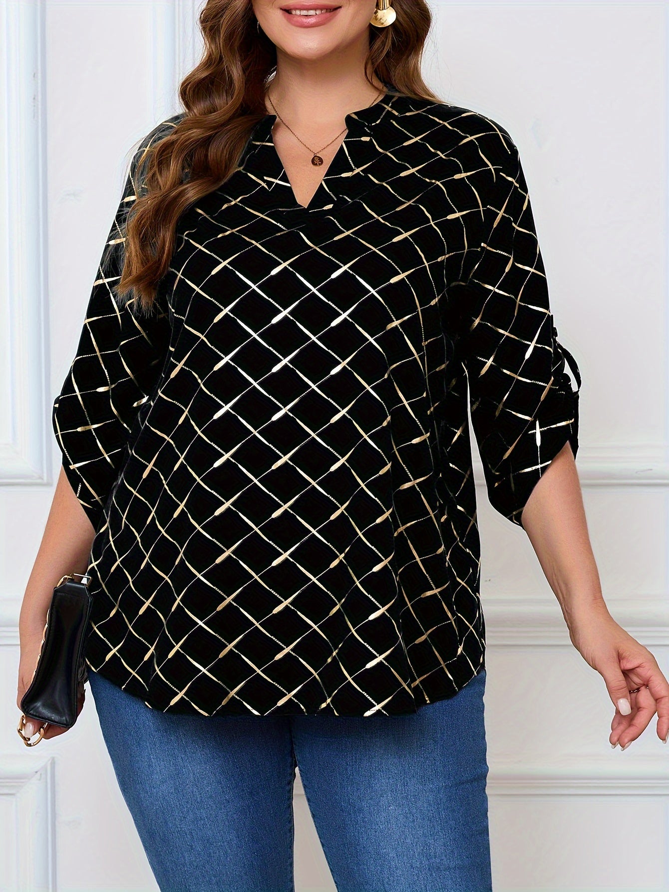 Women's Plus Size Heat Transfer Print Split Neck Long Sleeve Casual Top