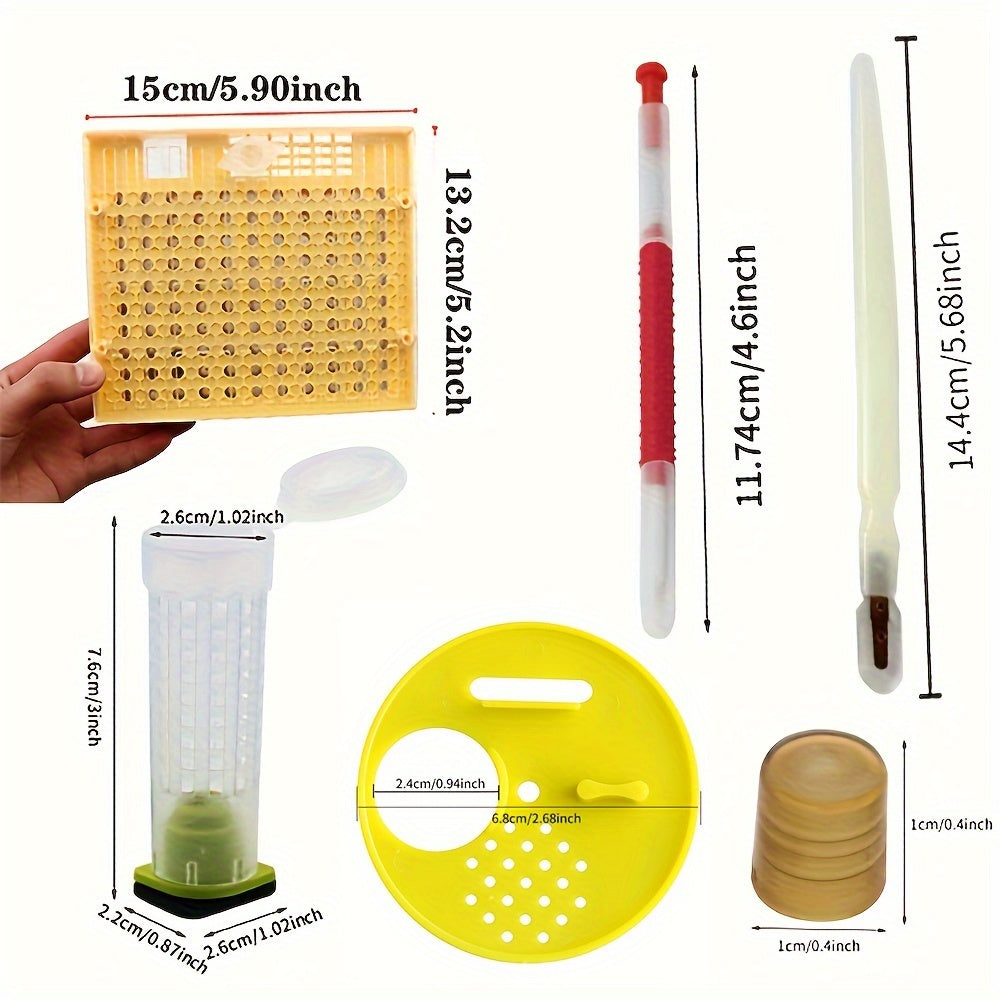 "Qirolicha tarbiyalash tizimi plastik asalarichilik grafting to'plami, qirollik asalini siqish ruchkasi, o'stirish qutisi, hujayra stakanlari va asalarichilik qutisi kirish darvozasi - elektr yoki batareya talab qilinmaydi"