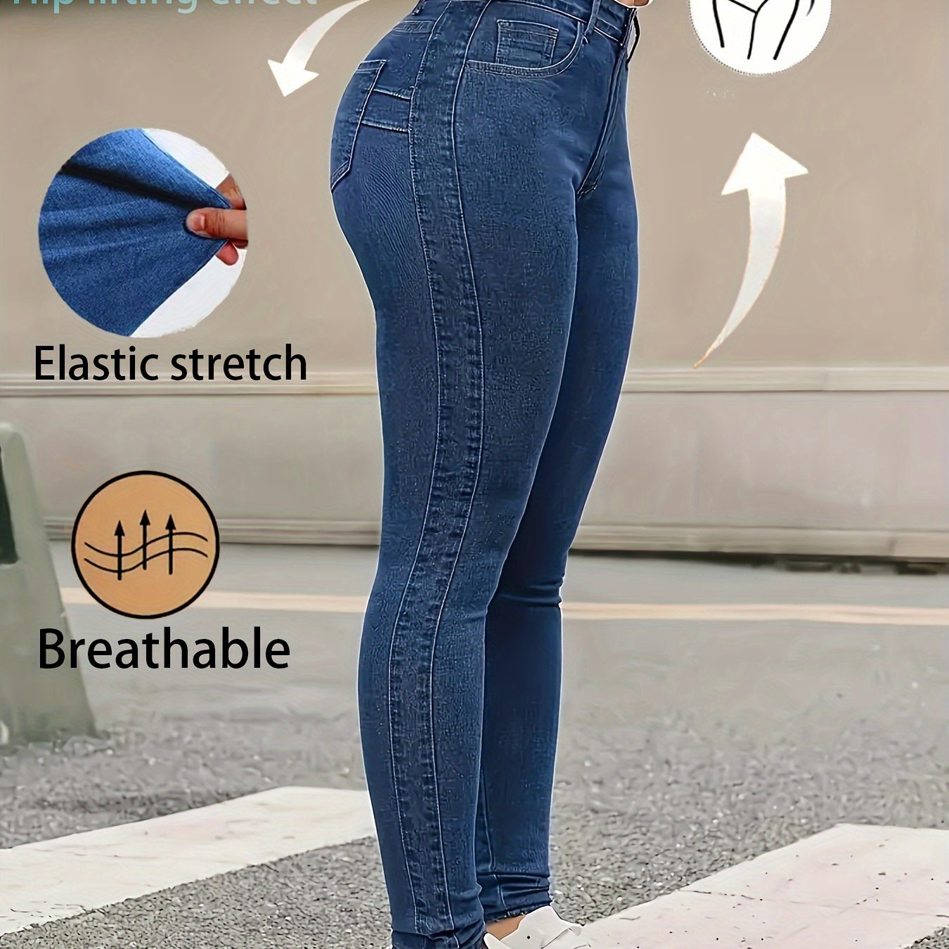 Plus Size High-Waisted Skinny Jeans Deep Blue Stretch Breathable
