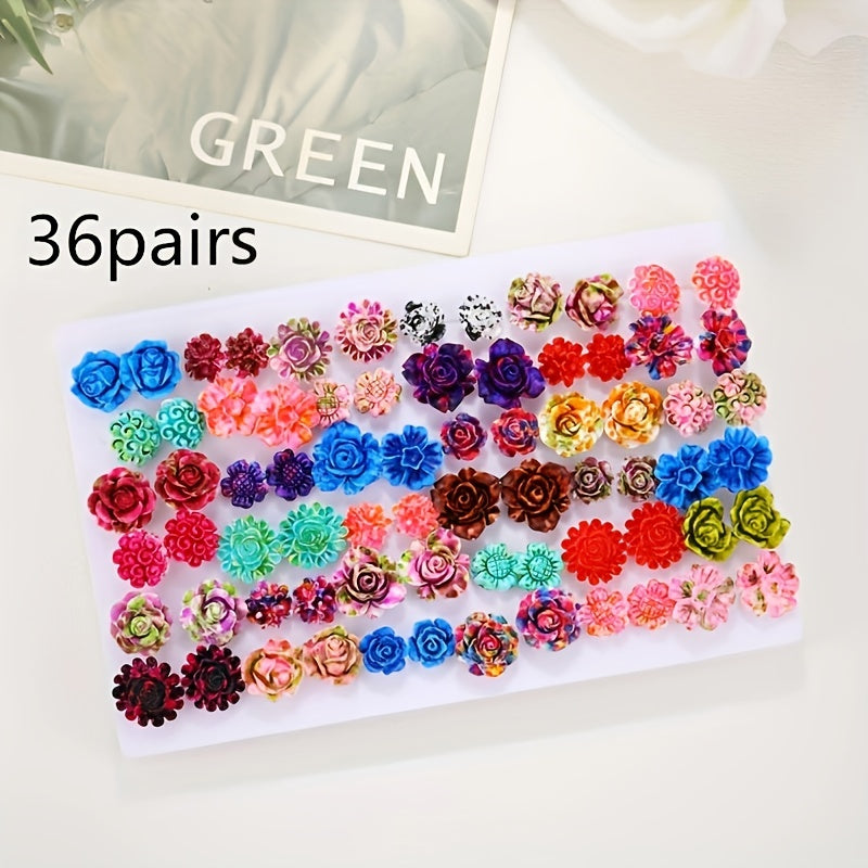 Set of 36 Boho Chic Colorful Rose Stud Earrings for Men Women Resin Flower Gift