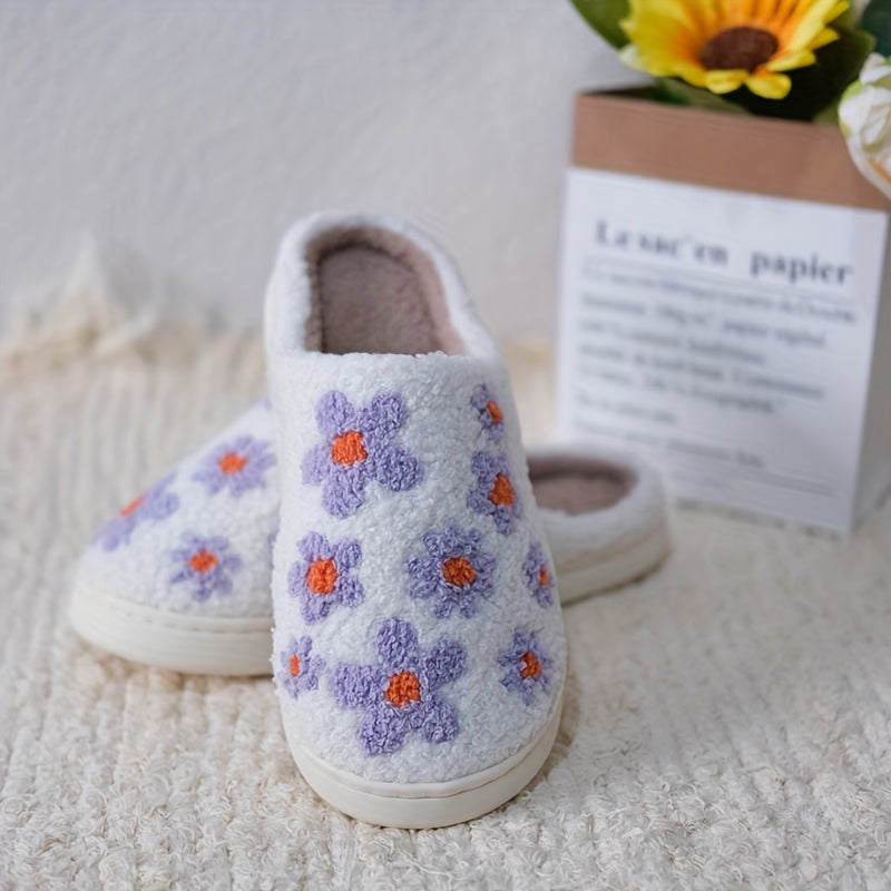 Unisex Plush Lilac Floral Slippers Warm Indoor House Shoes