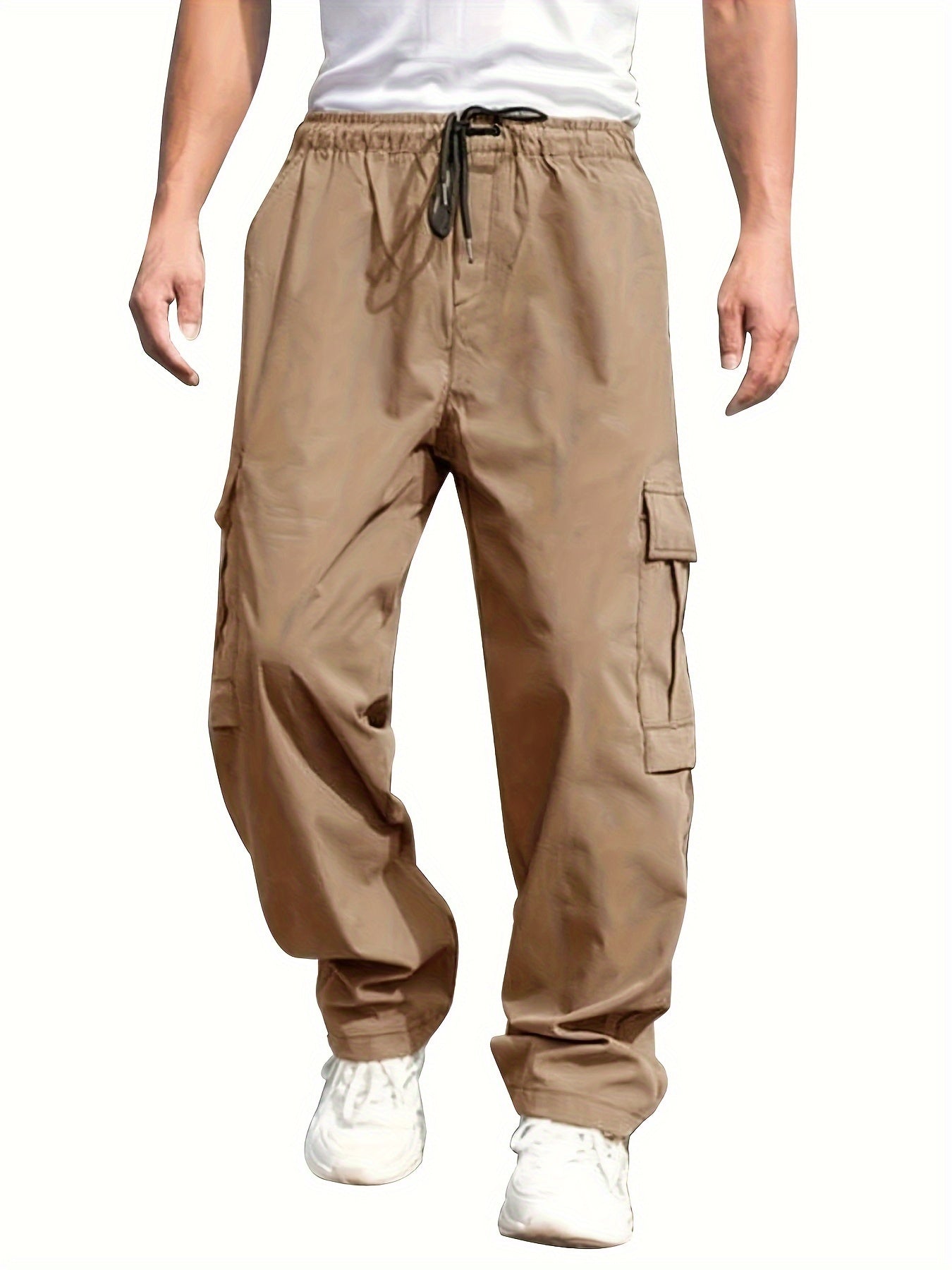 Men's Olive Green Cargo Pants Lightweight Twill with Side Pockets Adjustable Waist All-Season