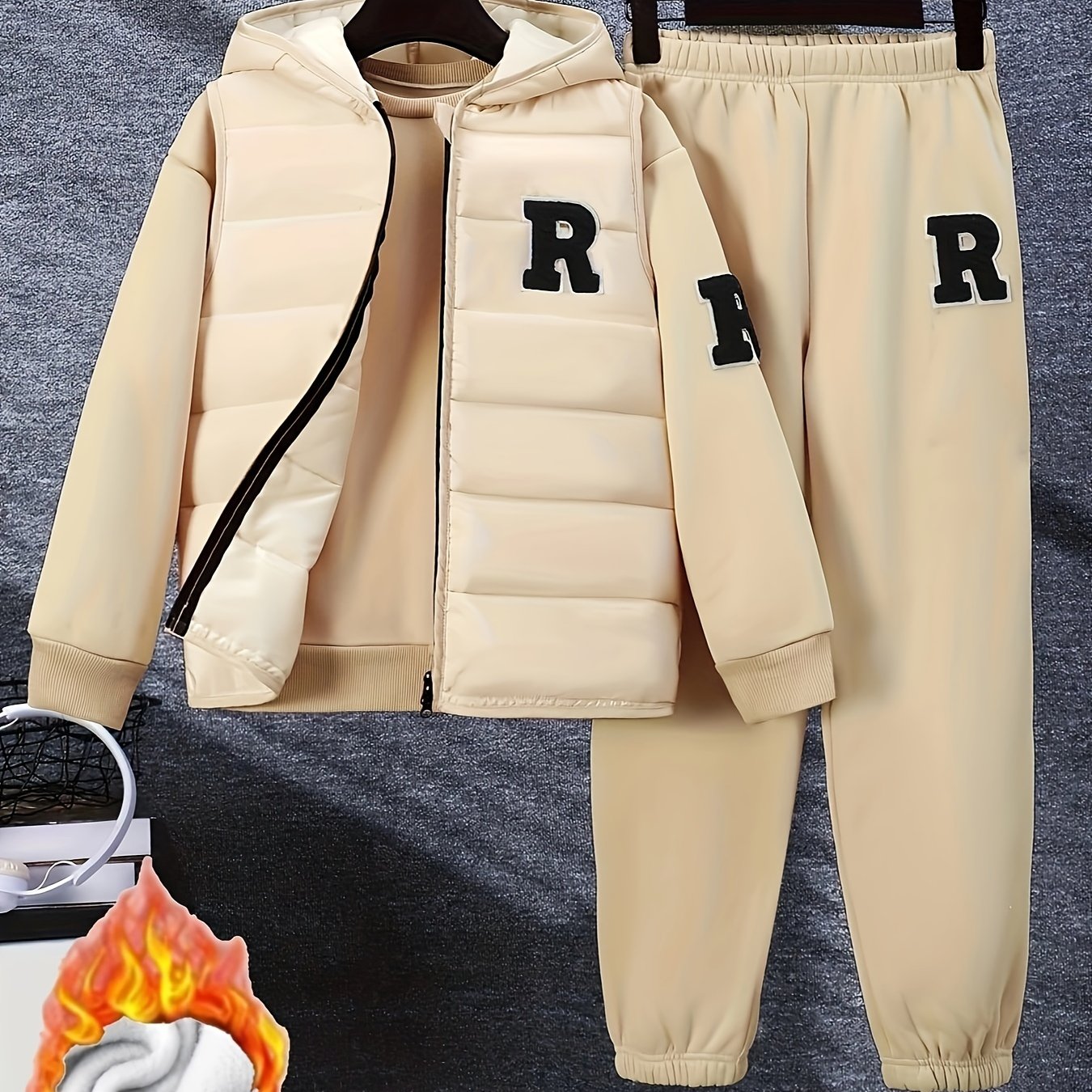 Kids Boys Fleece Set 3-Piece Autumn Winter Hoodie Vest Pants Casual