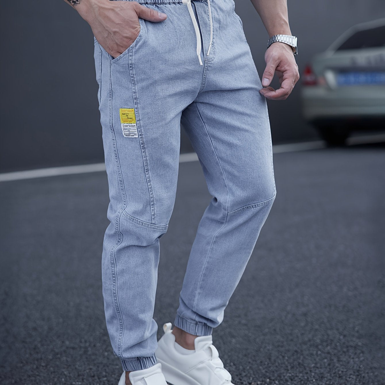 Men's Cropped Denim Tapered Jeans with Waist Drawstring Solid Color Regular Fit