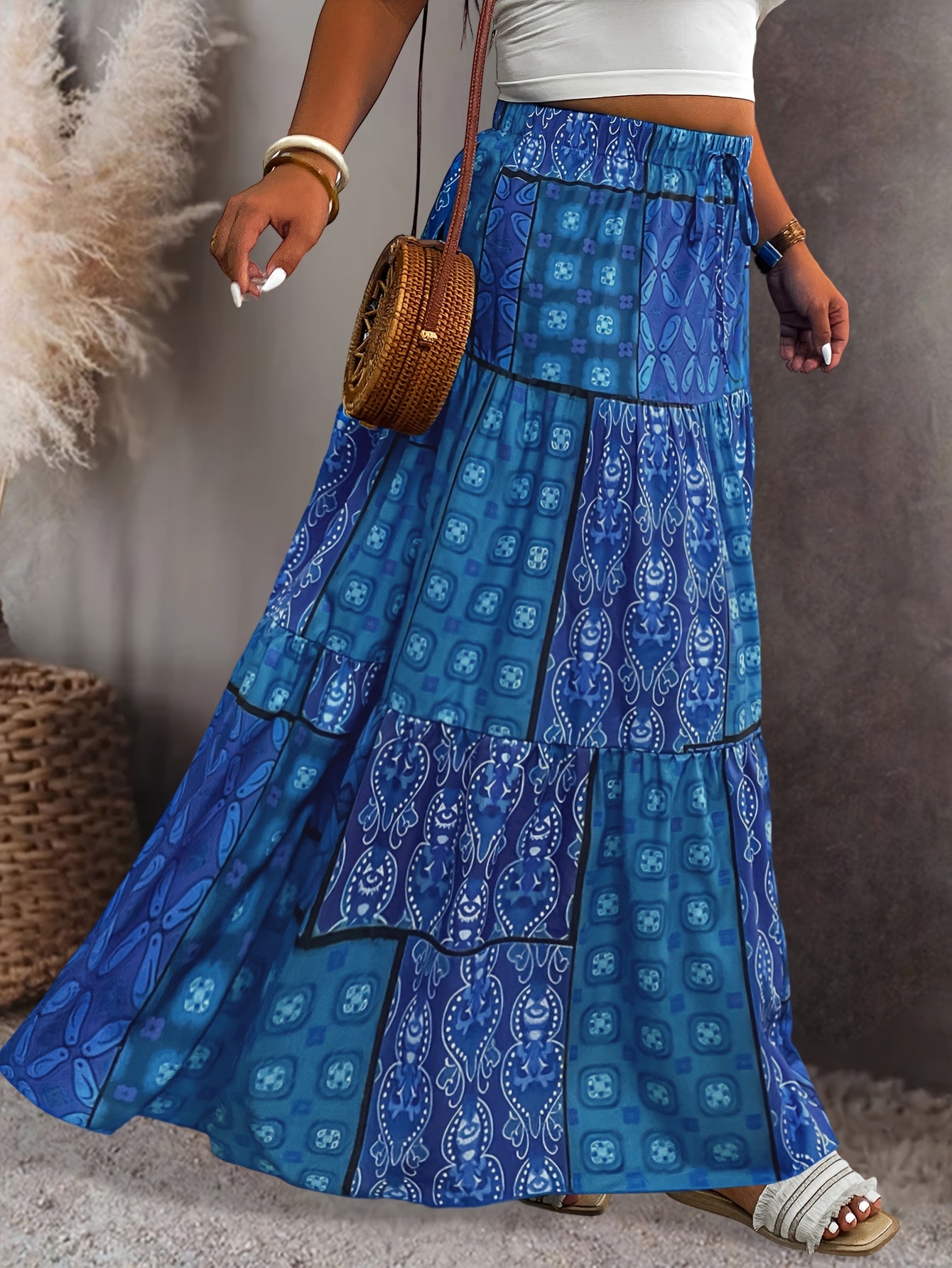 Plus Size Women's Pleated Midi Skirt with Blue Floral Print Adjustable Waist