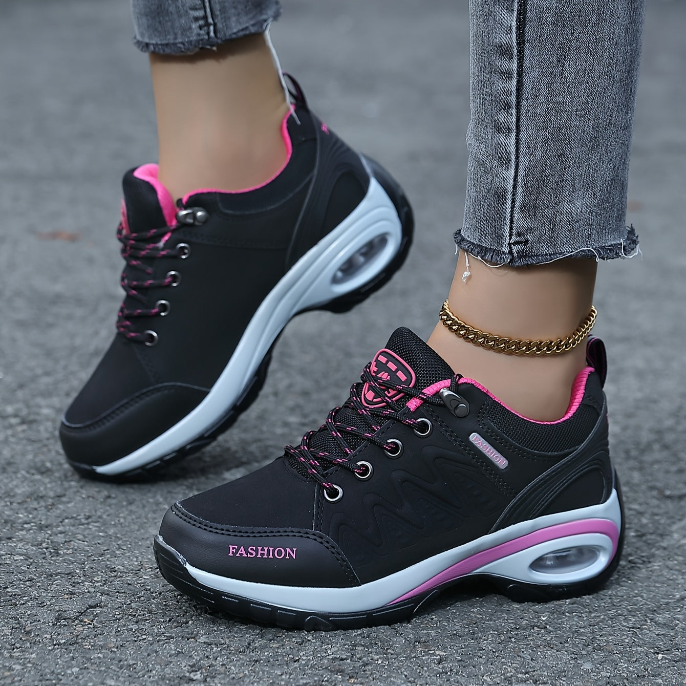 Women's Air Cushion Hiking Sneakers Black Pink Low-Top All-Season Trail Running Shoes