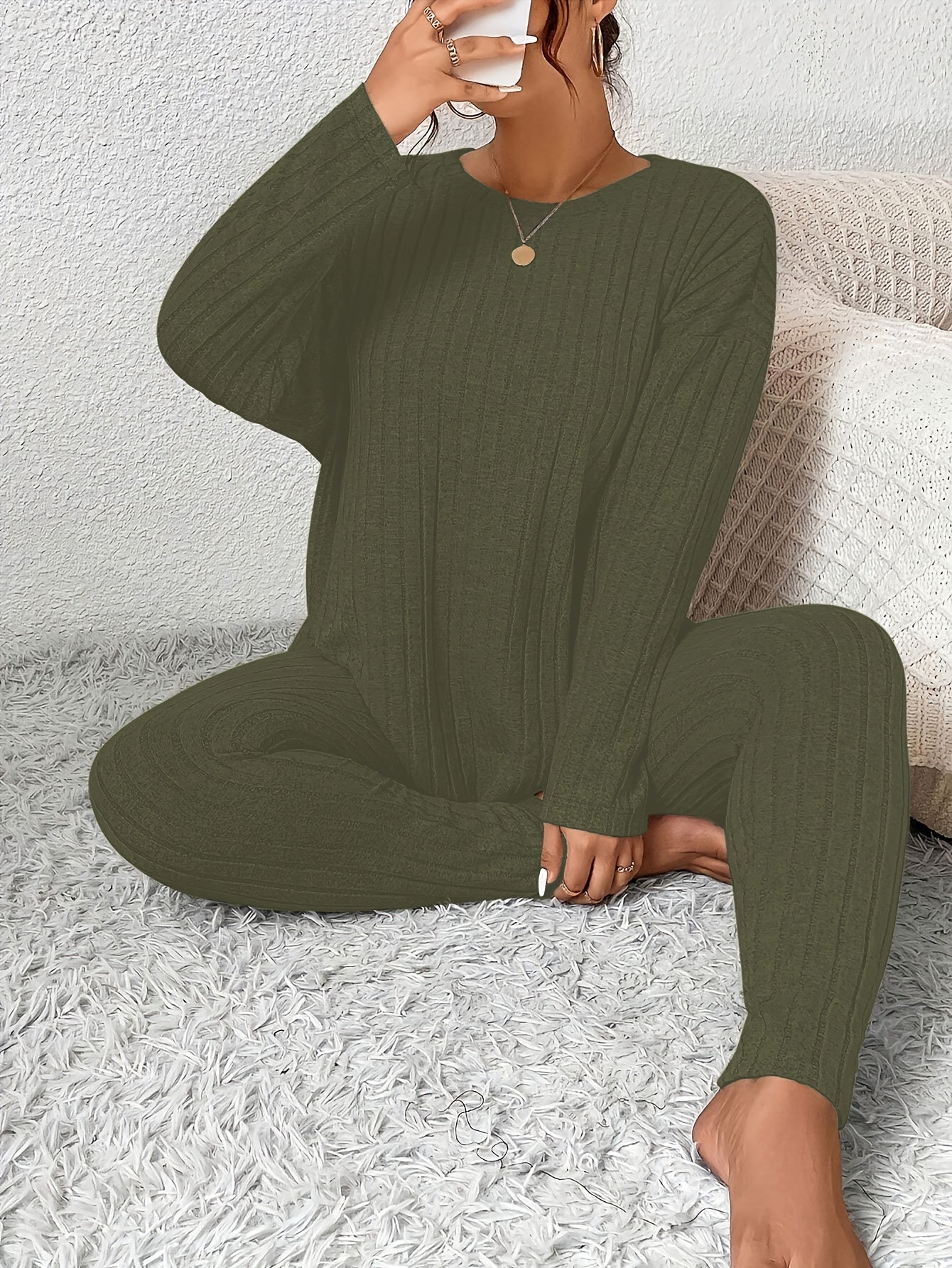 Women's Large Ribbed Autumn Winter Home Wear Casual Set