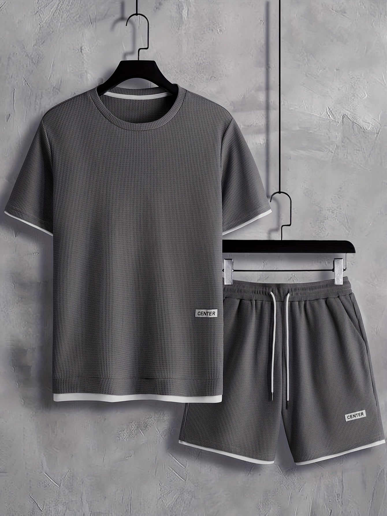 Men's Summer Outfit Casual Crew Neck T-Shirt and Shorts Set Polyester Solid