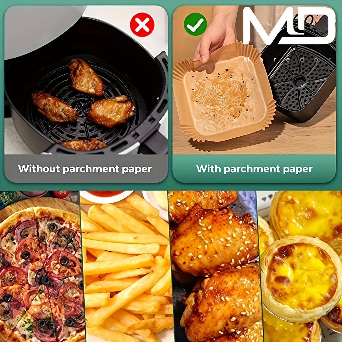 MOREDOR Фритюрница Воздушная Одноразовые Бумажные Подкладки - Квадратные, Неприлипающая Картонная Бумага, Маслостойкие и Водонепроницаемые - Идеально Подходят для Выпечки, Запекания и Использования в Микроволновой Печи на Кухне