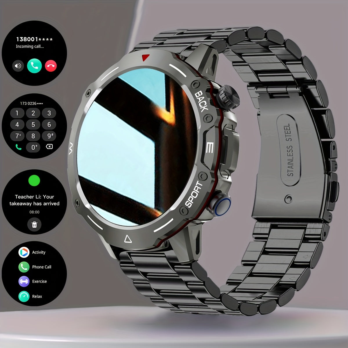 Men's Smartwatch Stainless Steel Band Fitness Tracker with Voice Call and Sports Modes