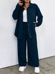 Plus Size Solid Color Pants Set with Shirt and Tie Waist Women Casual