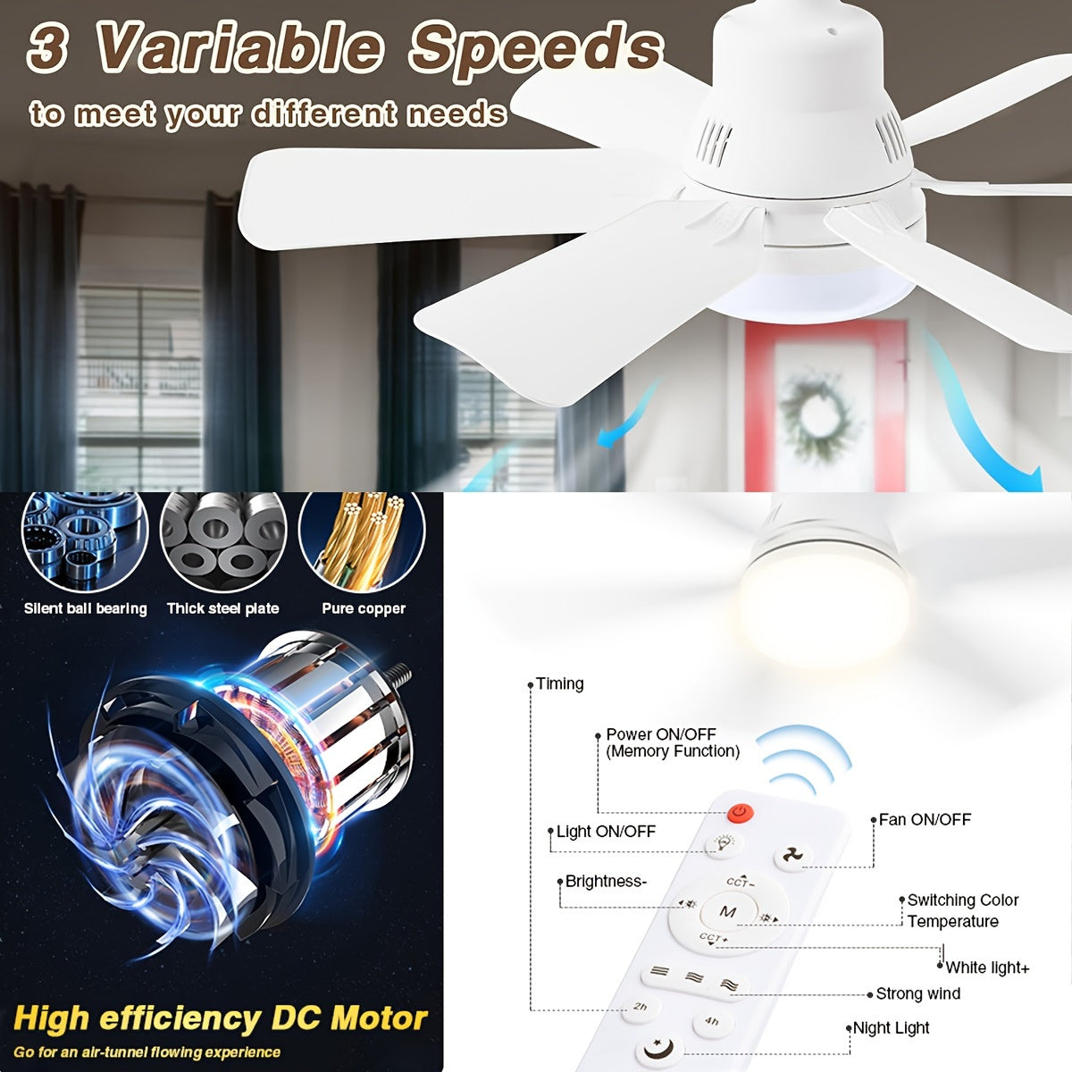 Modern Square Blade Ceiling Fan with LED Light Dimmable Remote 2000 Lumens