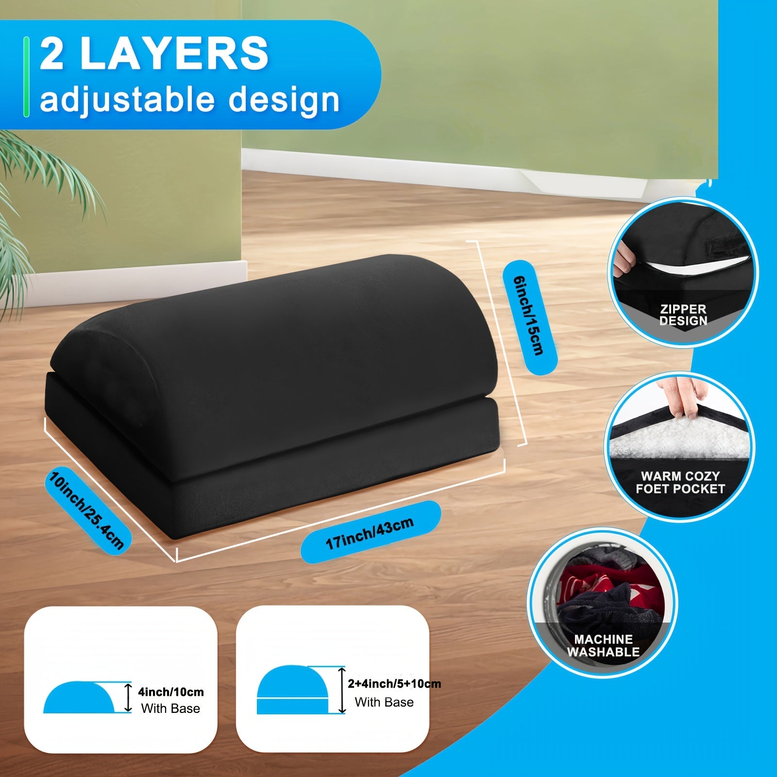 Ergonomic Black Felt Foot Rest with Adjustable Height and Plush Pockets