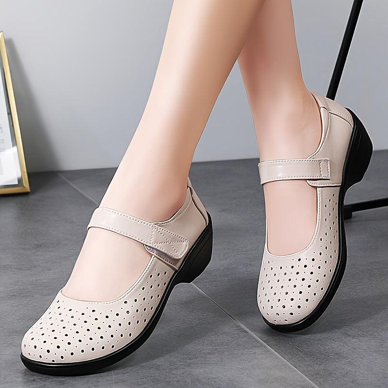 Women's Breathable Wedge Sandals White Perforated Mary Jane Comfort Shoes